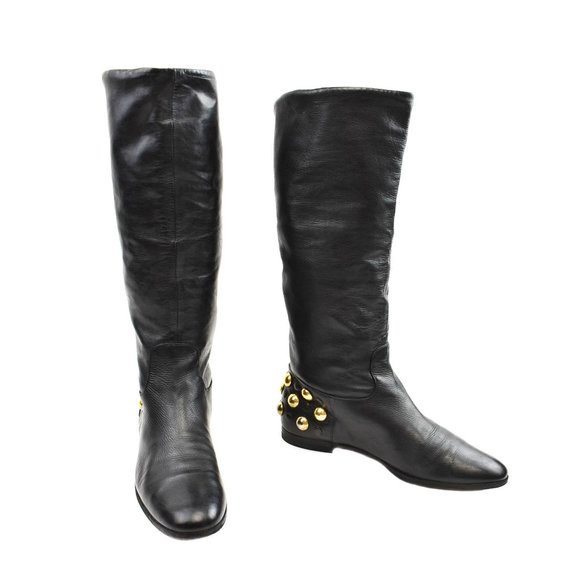 Gucci Shoes - GUCCI: Black Leather & Gold Studded, Moto Boots